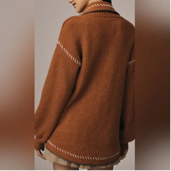 Anthropologie Faux Leather Trim Whipstitch Cardigan size S - Picture 2 of 5